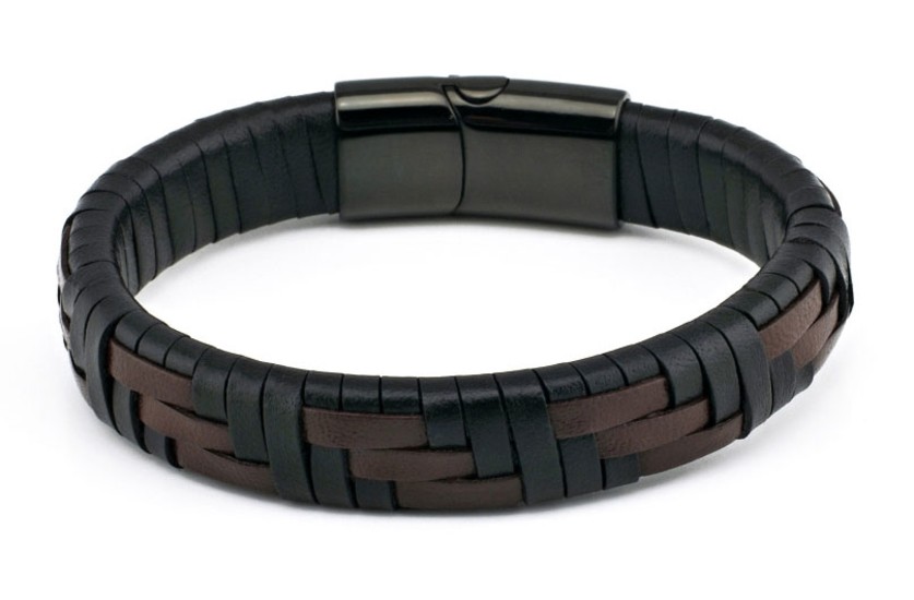 BLACK-BROWN LEATHER BRACELET WITH STAINLESS STEEL CLASP BY MENVARD MV1017