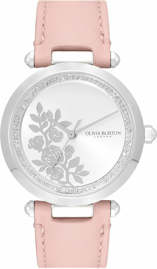 OLIVIA BURTON Signature 34mm Floral T-Bar Silver & Rose Leather Strap Watch 24000046