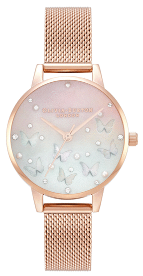 Olivia Burton Sparkle Butterfly, Midi Blush Dial With Blue Mother Of Pearl, Rose Gold Mesh Watch OB16MB38