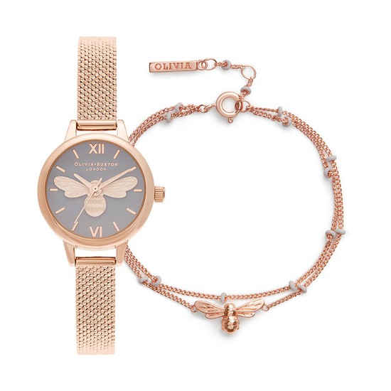 OLIVIA BURTON Mini Grey And Rose Gold Lucky Bee Watch & Bobble Chain Bracelet Gift Set OBGSET140